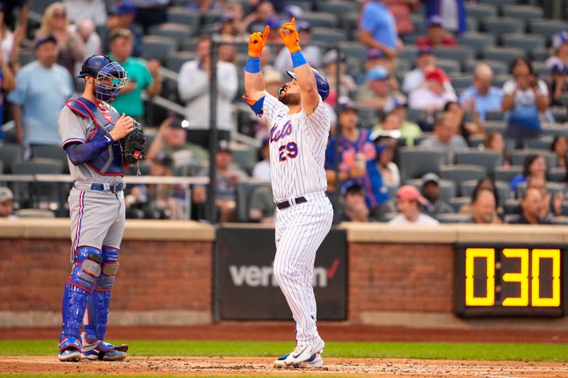 Aug 30, 2023; New York City, New York, USA;  New York Mets right fielder DJ Steward (29) reacts to hitting a home run as he crosses home plate against the Texas Rangers during the second inning at Citi Field. Mandatory Credit: Gregory Fisher-USA TODAY Sports