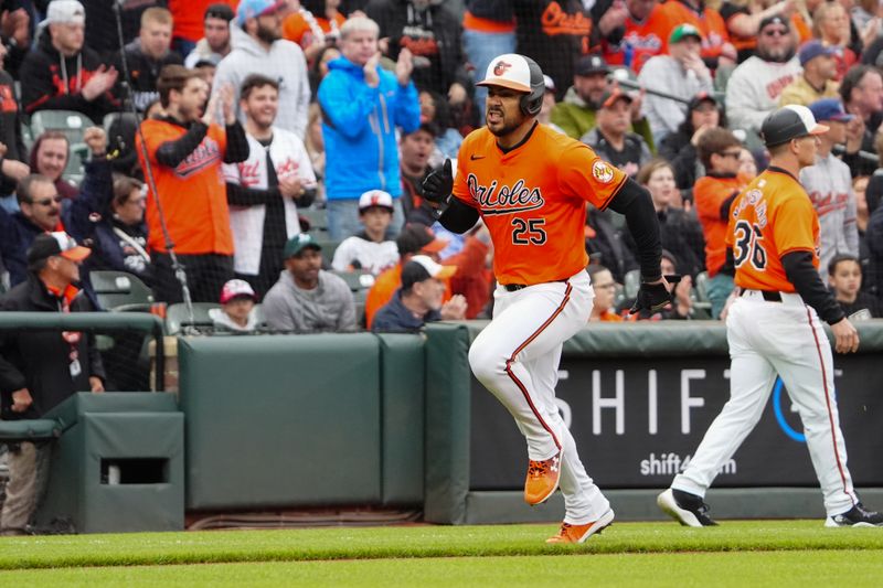 Apr 27, 2024; Baltimore, Maryland, USA; Baltimore Orioles right fielder Anthony Santander (25) scores a run against the Oakland Athletics during the fourth inning at Oriole Park at Camden Yards. Mandatory Credit: Gregory Fisher-USA TODAY Sports