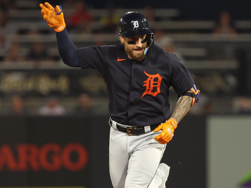 Feb 27, 2023; Tampa, Florida, USA;  Detroit Tigers catcher Eric Haase (13) celebrates after he hits a 2-run home run during the first inning  against the New York Yankees at George M. Steinbrenner Field. Mandatory Credit: Kim Klement-USA TODAY Sports