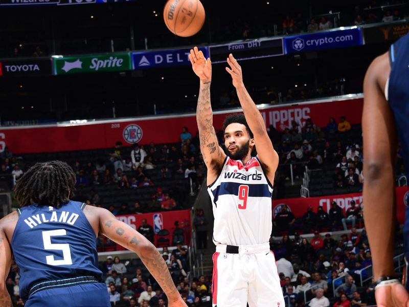 LOS ANGELES, CA - MARCH 1: Ryan Rollins #9 of the Washington Wizards shoots the ball during the game against the LA Clippers on March 1, 2024 at Crypto.Com Arena in Los Angeles, California. NOTE TO USER: User expressly acknowledges and agrees that, by downloading and/or using this Photograph, user is consenting to the terms and conditions of the Getty Images License Agreement. Mandatory Copyright Notice: Copyright 2024 NBAE (Photo by Adam Pantozzi/NBAE via Getty Images)