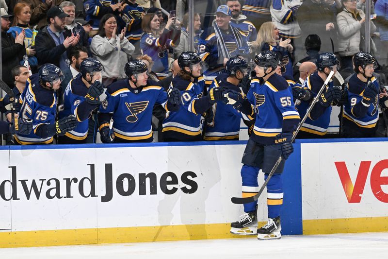 Jan 14, 2025; St. Louis, Missouri, USA; St. Louis Blues defenseman Colton Parayko (55) is congratulated after scoring a goal against the Calgary Flames in the first period at Enterprise Center. Mandatory Credit: Joe Puetz-Imagn Images