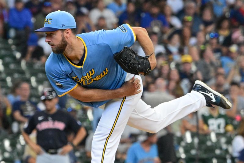 Aug 18, 2024; Milwaukee, Wisconsin, USA; Milwaukee Brewers starting pitcher Colin Rea (48) pitches in the sixth inning against the Cleveland Guardians at American Family Field. Mandatory Credit: Benny Sieu-USA TODAY Sports