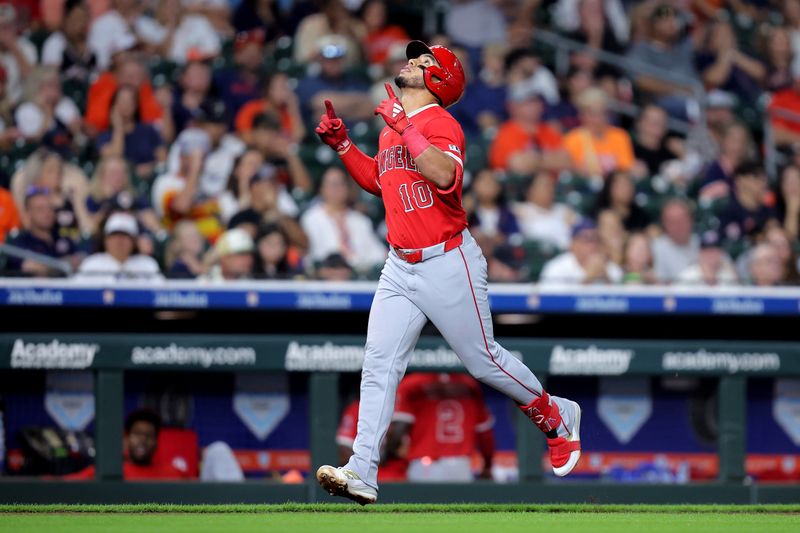 Aug 31, 2025; Houston, Texas, USA; Los Angeles Angels first baseman Oswald Perez (10) runs towards home plate after hitting a home run to right field against the Houston Astros during the fifth inning at Daikin Park. Mandatory Credit: Erik Williams-Imagn Images