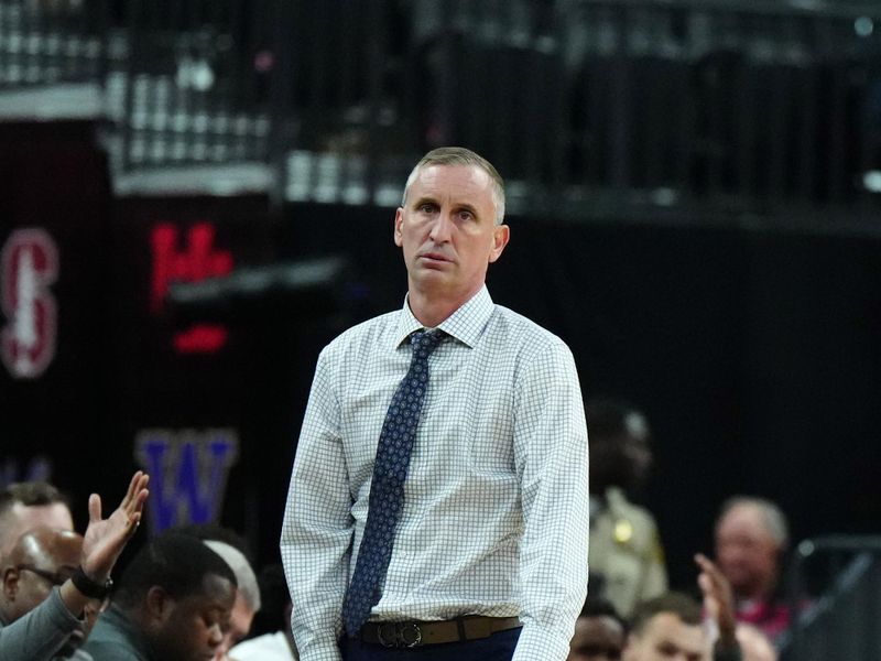 Mar 13, 2024; Las Vegas, NV, USA; Arizona State Sun Devils coach Bobby Hurley reacts in the second half Arizona State Sun Devils at the T-Mobile Arena. Mandatory Credit: Kirby Lee-USA TODAY Sports