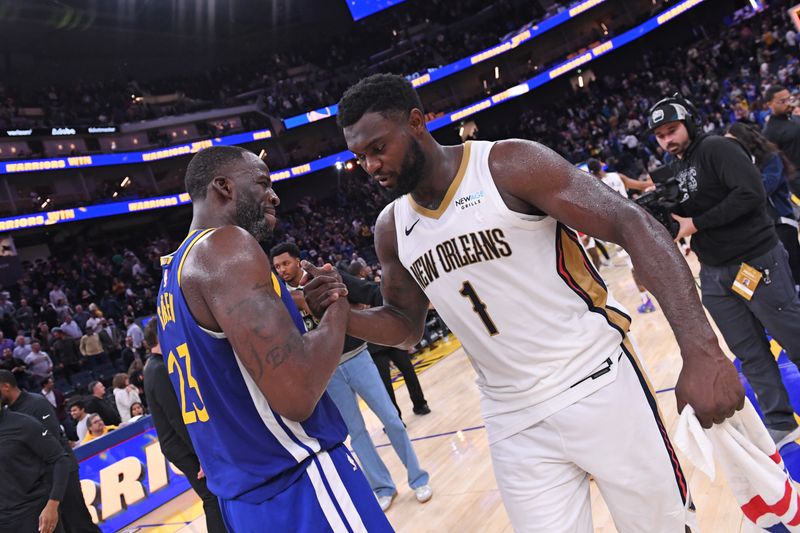 SAN FRANCISCO, CA - OCTOBER 30: Draymond Green #23 of the Golden State Warriors greets Zion Williamson #1 of the New Orleans Pelicans after the game on October 30, 2024 at Chase Center in San Francisco, California. NOTE TO USER: User expressly acknowledges and agrees that, by downloading and or using this photograph, user is consenting to the terms and conditions of Getty Images License Agreement. Mandatory Copyright Notice: Copyright 2024 NBAE (Photo by Noah Graham/NBAE via Getty Images)