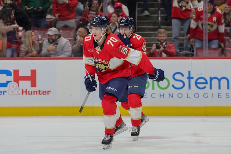 Oct 17, 2024; Sunrise, Florida, USA; Florida Panthers center Jesper Boqvist (70) looks on after scoring against the Vancouver Canucks during the first period at Amerant Bank Arena. Mandatory Credit: Sam Navarro-Imagn Images