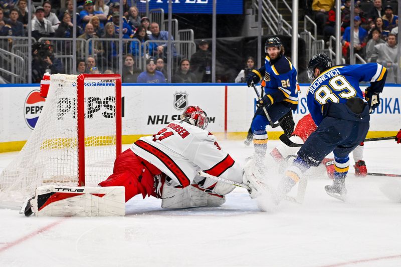 Apr 12, 2024; St. Louis, Missouri, USA;  Carolina Hurricanes goaltender Frederik Andersen (31) defends the net against St. Louis Blues left wing Pavel Buchnevich (89) during the second period at Enterprise Center. Mandatory Credit: Jeff Curry-USA TODAY Sports