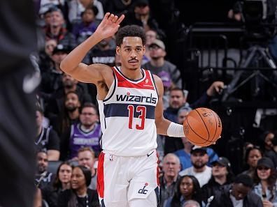 SACRAMENTO, CA - DECEMBER 18: Jordan Poole #13 of the Washington Wizards dribbles the ball during the game against the Sacramento Kings on December 18, 2023 at Golden 1 Center in Sacramento, California. NOTE TO USER: User expressly acknowledges and agrees that, by downloading and or using this Photograph, user is consenting to the terms and conditions of the Getty Images License Agreement. Mandatory Copyright Notice: Copyright 2023 NBAE (Photo by Rocky Widner/NBAE via Getty Images)