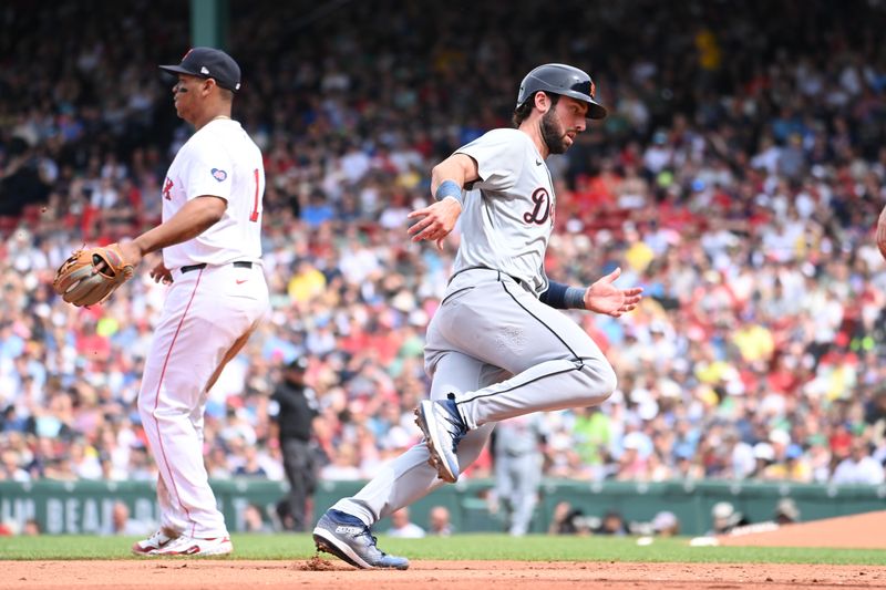 Jun 2, 2024; Boston, Massachusetts, USA;  Detroit Tigers third baseman Matt Vierling (8) runs home during the seventh inning against the Boston Red Sox at Fenway Park. Mandatory Credit: Eric Canha-USA TODAY Sports