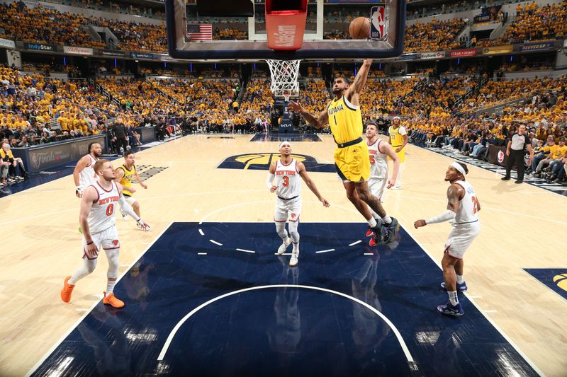 INDIANAPOLIS, IN - MAY 17: Obi Toppin #1 of the Indiana Pacers dunks the ball during the game against the New York Knicks during Round 2 Game 6 of the 2024 NBA Playoffs on May 17, 2024 at Gainbridge Fieldhouse in Indianapolis, Indiana. NOTE TO USER: User expressly acknowledges and agrees that, by downloading and or using this Photograph, user is consenting to the terms and conditions of the Getty Images License Agreement. Mandatory Copyright Notice: Copyright 2024 NBAE (Photo by Nathaniel S. Butler/NBAE via Getty Images)