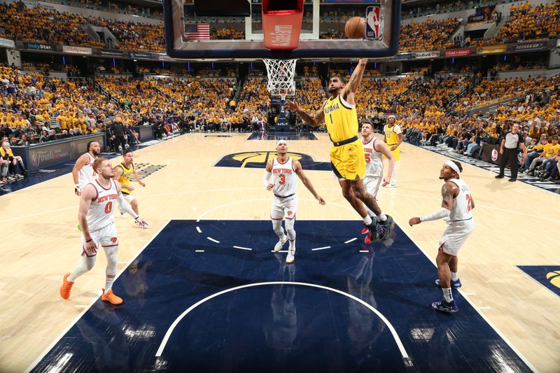 INDIANAPOLIS, IN - MAY 17: Obi Toppin #1 of the Indiana Pacers dunks the ball during the game against the New York Knicks during Round 2 Game 6 of the 2024 NBA Playoffs on May 17, 2024 at Gainbridge Fieldhouse in Indianapolis, Indiana. NOTE TO USER: User expressly acknowledges and agrees that, by downloading and or using this Photograph, user is consenting to the terms and conditions of the Getty Images License Agreement. Mandatory Copyright Notice: Copyright 2024 NBAE (Photo by Nathaniel S. Butler/NBAE via Getty Images)