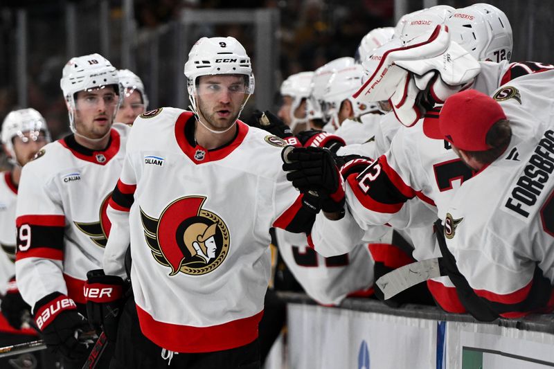 Nov 9, 2024; Boston, Massachusetts, USA; Ottawa Senators center Josh Norris (9) celebrates with his teammates after scoring a goal against the Boston Bruins during the first period at TD Garden. Mandatory Credit: Brian Fluharty-Imagn Images