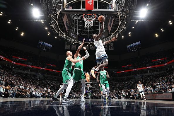 MINNEAPOLIS, MN -  NOVEMBER 6:  Anthony Edwards #5 of the Minnesota Timberwolves drives to the basket during the game against the Boston Celtics on November 6, 2023 at Target Center in Minneapolis, Minnesota. NOTE TO USER: User expressly acknowledges and agrees that, by downloading and or using this Photograph, user is consenting to the terms and conditions of the Getty Images License Agreement. Mandatory Copyright Notice: Copyright 2023 NBAE (Photo by Jordan Johnson/NBAE via Getty Images)