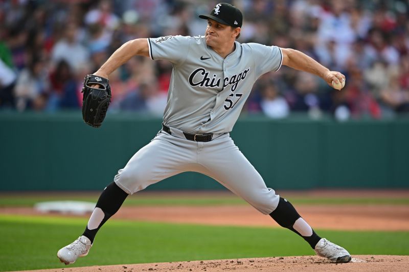 Apr 8, 2024; Cleveland, Ohio, USA; Chicago White Sox starting pitcher Tanner Banks (57) throws a pitch during the first inning against the Cleveland Guardians at Progressive Field. Mandatory Credit: David Dermer-USA TODAY Sports