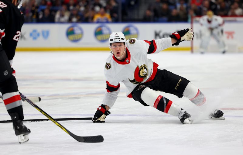 Jan 11, 2024; Buffalo, New York, USA;  Ottawa Senators defenseman Jakob Chychrun (6) looks to block a pass during the second period against the Buffalo Sabres at KeyBank Center. Mandatory Credit: Timothy T. Ludwig-USA TODAY Sports