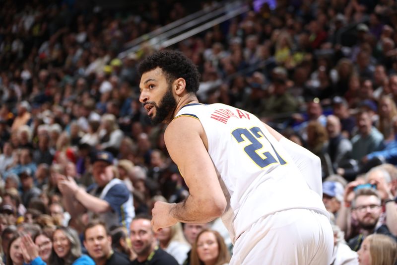 SALT LAKE CITY, UT - APRIL 9: Jamal Murray #27 of the Denver Nuggets looks on during the game against the Utah Jazz on April 9, 2024 at Delta Center in Salt Lake City, Utah. NOTE TO USER: User expressly acknowledges and agrees that, by downloading and or using this Photograph, User is consenting to the terms and conditions of the Getty Images License Agreement. Mandatory Copyright Notice: Copyright 2024 NBAE (Photo by Melissa Majchrzak/NBAE via Getty Images)