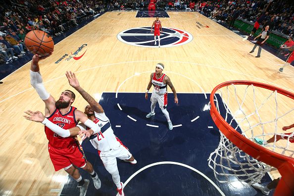 WASHINGTON, DC -? DECEMBER 13:  Jonas Valanciunas #17 of the New Orleans Pelicans grabs the rebound during the game  on December 13, 2023 at Capital One Arena in Washington, DC. NOTE TO USER: User expressly acknowledges and agrees that, by downloading and or using this Photograph, user is consenting to the terms and conditions of the Getty Images License Agreement. Mandatory Copyright Notice: Copyright 2023 NBAE (Photo by Stephen Gosling/NBAE via Getty Images)