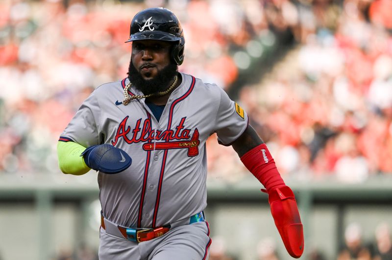 Jun 11, 2024; Baltimore, Maryland, USA; Atlanta Braves designated hitter Marcell Ozuna (20) returns to first base during the second inning against the Baltimore Orioles  at Oriole Park at Camden Yards. Mandatory Credit: Tommy Gilligan-USA TODAY Sports