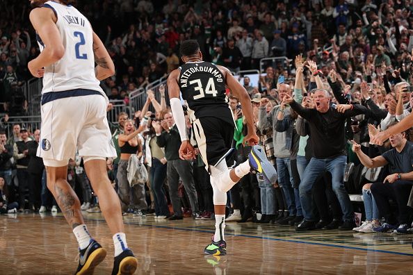 MILWAUKEE, WI - NOVEMBER 18: Giannis Antetokounmpo #34 of the Milwaukee Bucks celebrates during the game against the Dallas Mavericks on November 18, 2023 at the Fiserv Forum Center in Milwaukee, Wisconsin. NOTE TO USER: User expressly acknowledges and agrees that, by downloading and or using this Photograph, user is consenting to the terms and conditions of the Getty Images License Agreement. Mandatory Copyright Notice: Copyright 2023 NBAE (Photo by Gary Dineen/NBAE via Getty Images).