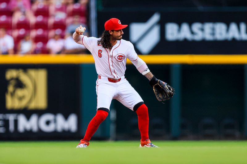 Aug 27, 2024; Cincinnati, Ohio, USA; Cincinnati Reds second baseman Jonathan India (6) throws to first to get Oakland Athletics outfielder Lawrence Butler (not pictured) out in the first inning at Great American Ball Park. Mandatory Credit: Katie Stratman-USA TODAY Sports