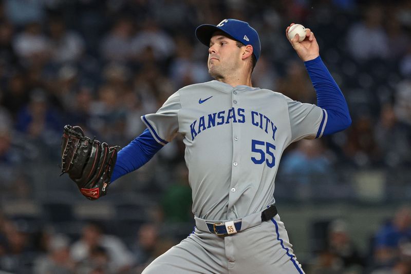 Sep 11, 2024; Bronx, New York, USA; Kansas City Royals starting pitcher Cole Ragans (55) delivers a pitch during the first inning against the New York Yankees at Yankee Stadium. Mandatory Credit: Vincent Carchietta-Imagn Images