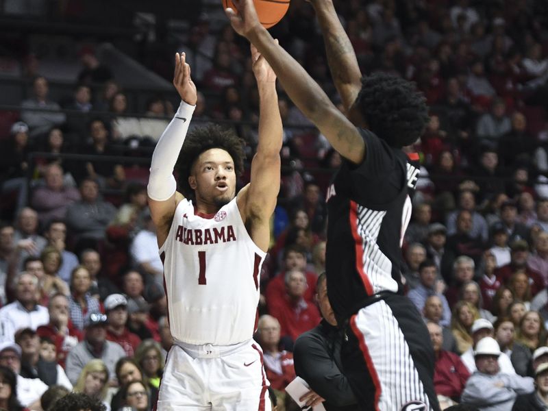 Feb 18, 2023; Tuscaloosa, Alabama, USA;  Alabama guard Mark Sears (1) takes a three point shot over Georgia guard Terry Roberts (0) at Coleman Coliseum. Mandatory Credit: Gary Cosby Jr.-USA TODAY Sports