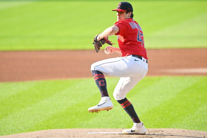 Jul 5, 2023; Cleveland, Ohio, USA; Cleveland Guardians starting pitcher Cal Quantrill (47) delivers a pitch in the first inning against the Atlanta Braves at Progressive Field. Mandatory Credit: David Richard-USA TODAY Sports