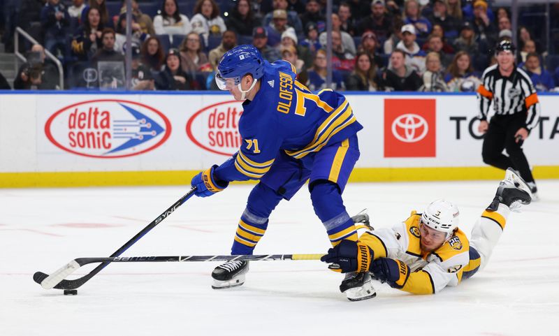 Dec 3, 2023; Buffalo, New York, USA;  Nashville Predators defenseman Jeremy Lauzon (3) dives to try and knock the puck off the stick of Buffalo Sabres left wing Victor Olofsson (71) during the second period at KeyBank Center. Mandatory Credit: Timothy T. Ludwig-USA TODAY Sports