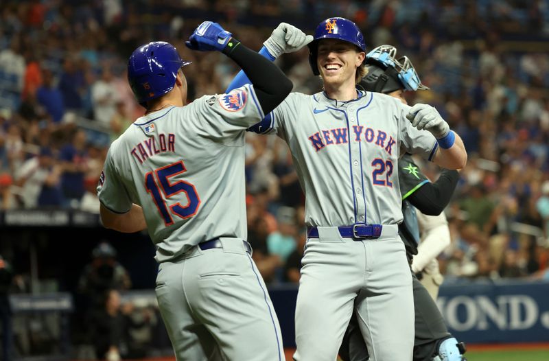 May 3, 2024; St. Petersburg, Florida, USA; New York Mets third base Brett Baty (22)  is congratulated by outfielder Tyrone Taylor (15) after hitting a three-run home run against the Tampa Bay Rays during the second inning at Tropicana Field. Mandatory Credit: Kim Klement Neitzel-USA TODAY Sports