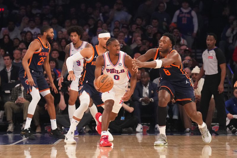 NEW YORK, NY - FEBRUARY 26: Tyrese Maxey #0 of the Philadelphia 76ers handles the ball during the game against the New York Knicks on February 26, 2025 at Madison Square Garden in New York City, New York.  NOTE TO USER: User expressly acknowledges and agrees that, by downloading and or using this photograph, User is consenting to the terms and conditions of the Getty Images License Agreement. Mandatory Copyright Notice: Copyright 2025 NBAE  (Photo by Jesse D. Garrabrant/NBAE via Getty Images)