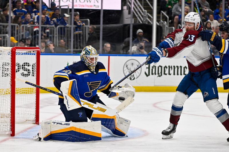 Dec 29, 2023; St. Louis, Missouri, USA;  St. Louis Blues goaltender Jordan Binnington (50) defends the net against Colorado Avalanche right wing Valeri Nichushkin (13) during the third period at Enterprise Center. Mandatory Credit: Jeff Curry-USA TODAY Sports