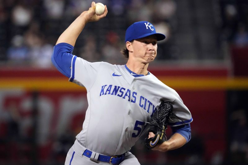 Apr 25, 2023; Phoenix, Arizona, USA; Kansas City Royals starting pitcher Brady Singer (51) pitches against the Arizona Diamondbacks during the third inning at Chase Field. Mandatory Credit: Joe Camporeale-USA TODAY Sports