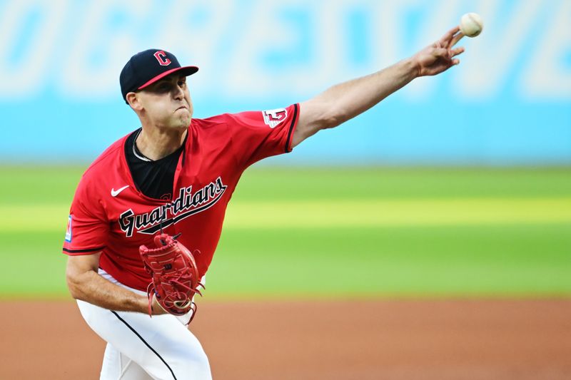 Sep 16, 2024; Cleveland, Ohio, USA; Cleveland Guardians starting pitcher Matthew Boyd (16) throws a pitch during the first inning against the Minnesota Twins at Progressive Field. Mandatory Credit: Ken Blaze-Imagn Images