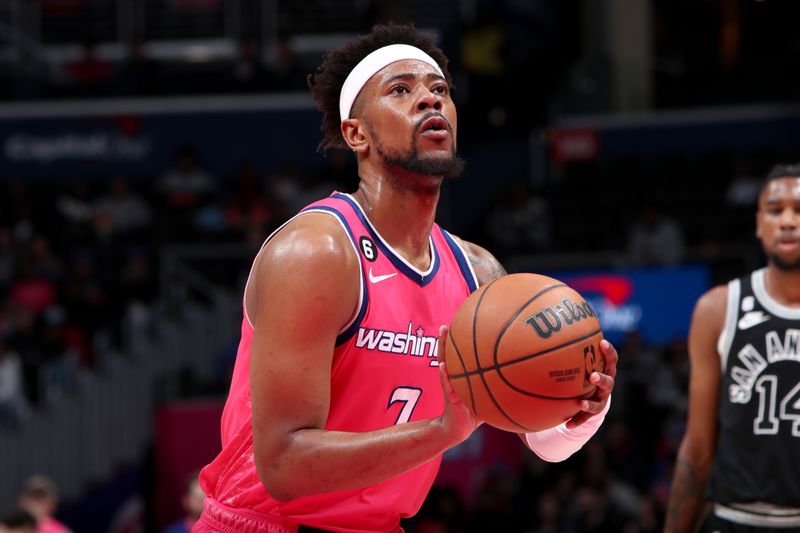 WASHINGTON, DC -? MARCH 24:  Jordan Goodwin #7 of the Washington Wizards shoots a free throw against the San Antonio Spurs on March 24, 2023 at Capital One Arena in Washington, DC. NOTE TO USER: User expressly acknowledges and agrees that, by downloading and or using this photograph, user is consenting to the terms and conditions of the Getty Images License Agreement. Mandatory Copyright Notice: Copyright 2023 NBAE (Photo by Kenny Giarla/NBAE via Getty Images)