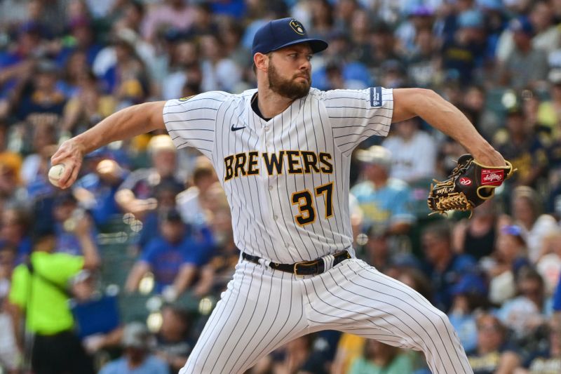 Oct 1, 2023; Milwaukee, Wisconsin, USA; Milwaukee Brewers pitcher Adrian Houser (37) pitches against the Chicago Cubs in the first inning at American Family Field. Mandatory Credit: Benny Sieu-USA TODAY Sports