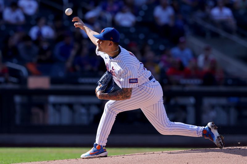 Oct 1, 2023; New York City, New York, USA; New York Mets starting pitcher Jose Butto (70) pitches against the Philadelphia Phillies during the first inning at Citi Field. Mandatory Credit: Brad Penner-USA TODAY Sports