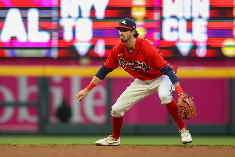 May 5, 2023; Atlanta, Georgia, USA; Atlanta Braves shortstop Braden Shewmake (24) in the field against the Baltimore Orioles in the second inning at Truist Park. Mandatory Credit: Brett Davis-USA TODAY Sports