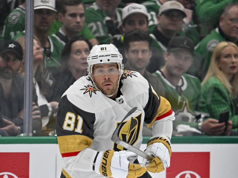 Apr 22, 2024; Dallas, Texas, USA; Vegas Golden Knights right wing Jonathan Marchessault (81) skates against the Dallas Stars during the first period in game one of the first round of the 2024 Stanley Cup Playoffs at the American Airlines Center. Mandatory Credit: Jerome Miron-USA TODAY Sports