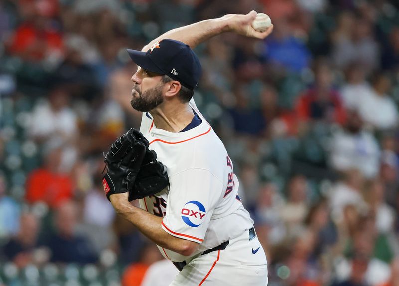 Aug 21, 2024; Houston, Texas, USA; Houston Astros starting pitcher Justin Verlander (35) pitches against the Boston Red Sox in the first inning at Minute Maid Park. Mandatory Credit: Thomas Shea-USA TODAY Sports
