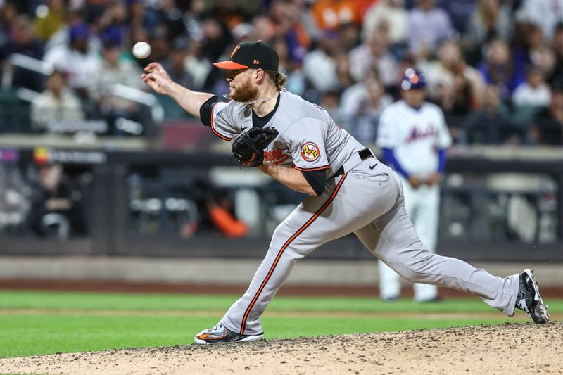 Aug 20, 2024; New York City, New York, USA;  Baltimore Orioles relief pitcher Craig Kimbrel (46) pitches in the ninth inning against the New York Mets at Citi Field. Mandatory Credit: Wendell Cruz-USA TODAY Sports
