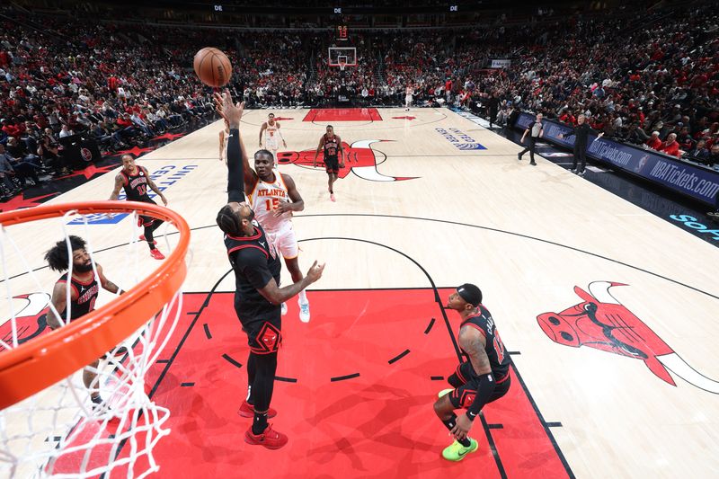 CHICAGO, IL - APRIL 17:  Clint Capela #15 of the Atlanta Hawks goes to the basket during the game against the Chicago Bulls during the 2024 Play-In Tournament  on April 17, 2024 at United Center in Chicago, Illinois. NOTE TO USER: User expressly acknowledges and agrees that, by downloading and or using this photograph, User is consenting to the terms and conditions of the Getty Images License Agreement. Mandatory Copyright Notice: Copyright 2024 NBAE (Photo by Jeff Haynes/NBAE via Getty Images)