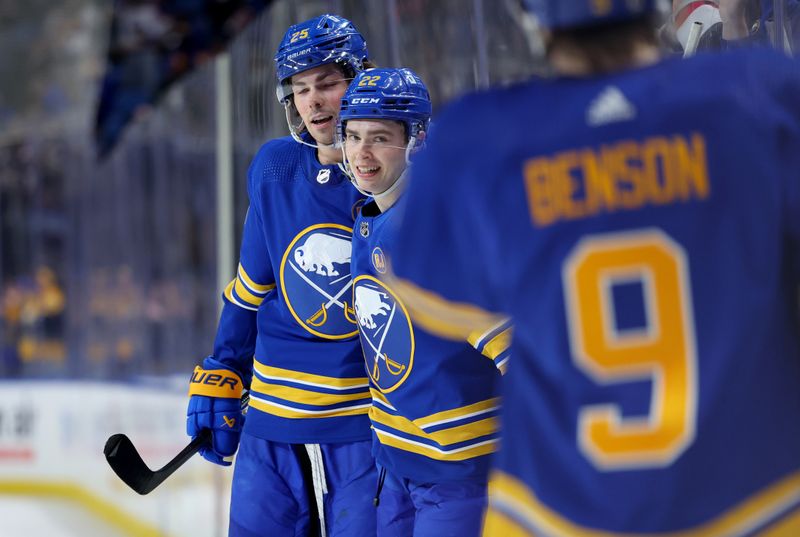 Apr 5, 2024; Buffalo, New York, USA;  Buffalo Sabres right wing Jack Quinn (22) celebrates his goal with teammates during the second period against the Philadelphia Flyers at KeyBank Center. Mandatory Credit: Timothy T. Ludwig-USA TODAY Sports