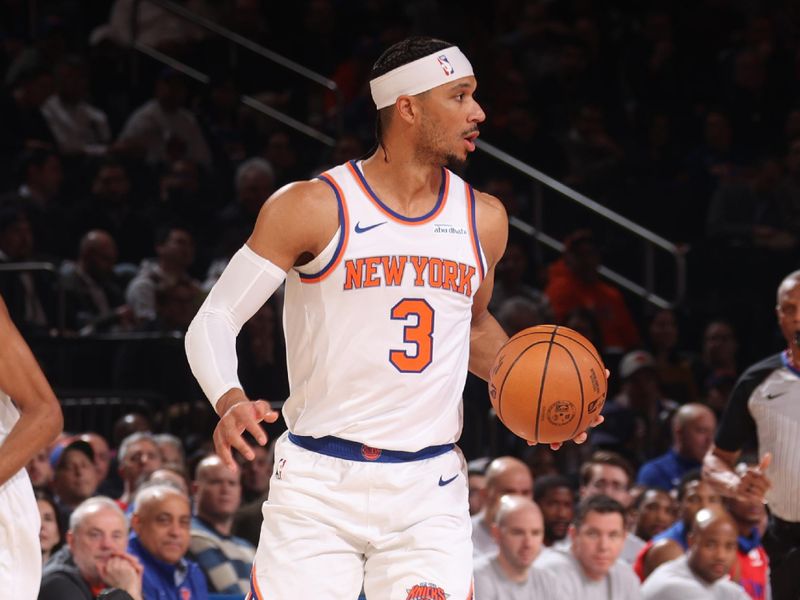NEW YORK, NY - JANUARY 13: Josh Hart #3 of the New York Knicks dribbles the ball during the game against the Detroit Pistons on January 13, 2025 at Madison Square Garden in New York City, New York.  NOTE TO USER: User expressly acknowledges and agrees that, by downloading and or using this photograph, User is consenting to the terms and conditions of the Getty Images License Agreement. Mandatory Copyright Notice: Copyright 2025 NBAE  (Photo by Nathaniel S. Butler/NBAE via Getty Images)