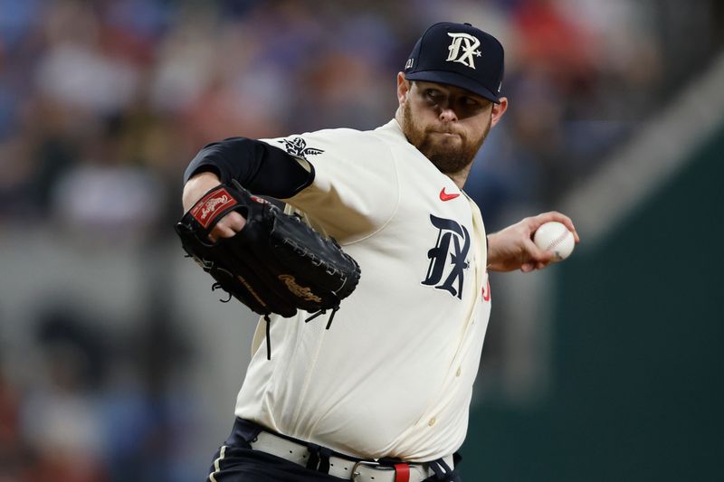 Sep 2, 2023; Arlington, Texas, USA; Texas Rangers starting pitcher Jordan Montgomery (52) throws a pitch in the first inning against the Minnesota Twins at Globe Life Field. Mandatory Credit: Tim Heitman-USA TODAY Sports