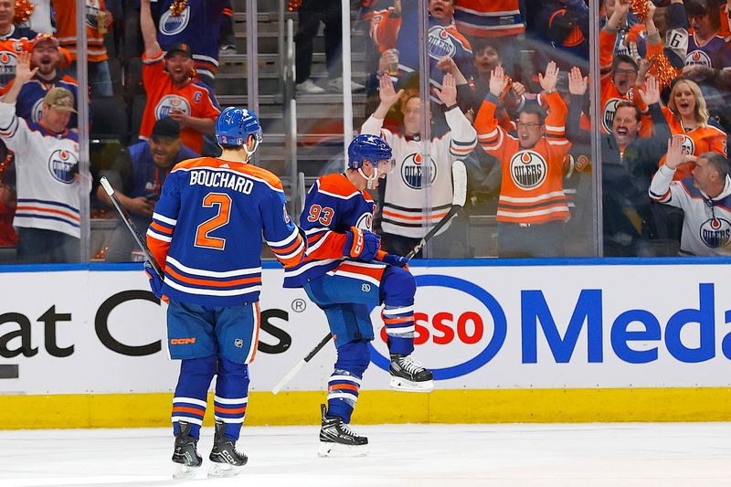 May 1, 2024; Edmonton, Alberta, CAN; The Edmonton Oilers celebrate a goal scored by forward Ryan Nugent-Hopkins (93) during the second period against the Los Angeles Kings in game five of the first round of the 2024 Stanley Cup Playoffs at Rogers Place. Mandatory Credit: Perry Nelson-USA TODAY Sports