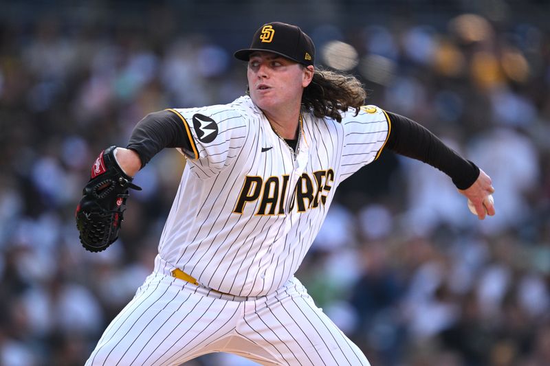 Jun 15, 2023; San Diego, California, USA; San Diego Padres starting pitcher Ryan Weathers (40) throws a pitch against the Cleveland Guardians during the second inning at Petco Park. Mandatory Credit: Orlando Ramirez-USA TODAY Sports