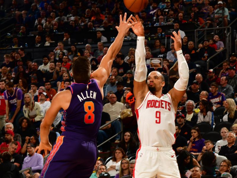 PHOENIX, AZ - FEBRUARY 29: Dillon Brooks #9 of the Houston Rockets shoots a three point basket against the Phoenix Suns on February 29, 2023 at Footprint Center in Phoenix, Arizona. NOTE TO USER: User expressly acknowledges and agrees that, by downloading and or using this photograph, user is consenting to the terms and conditions of the Getty Images License Agreement. Mandatory Copyright Notice: Copyright 2023 NBAE (Photo by Kate Frese/NBAE via Getty Images)