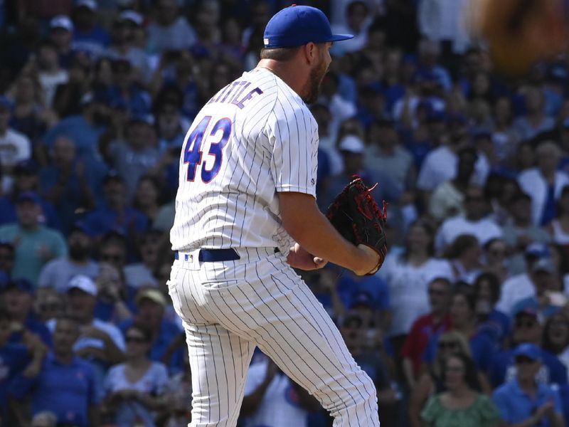 Sep 6, 2023; Chicago, Illinois, USA;  Chicago Cubs relief pitcher Luke Little (43) reacts after the game  against the San Francisco Giants at Wrigley Field. Mandatory Credit: Matt Marton-USA TODAY Sports