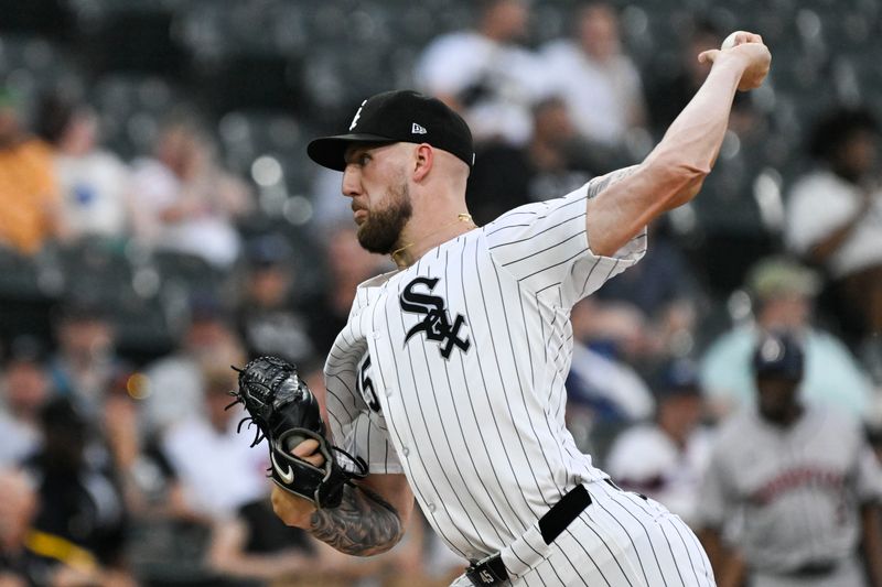 Jun 19, 2024; Chicago, Illinois, USA;  Chicago White Sox pitcher Garrett Crochet (45) delivers during the first inning against the Houston Astros at Guaranteed Rate Field. Mandatory Credit: Matt Marton-USA TODAY Sports