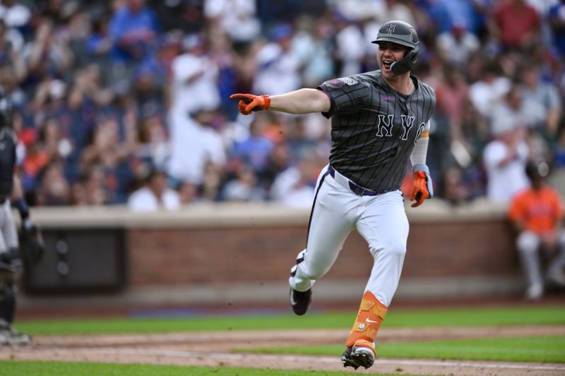 Jun 29, 2024; New York City, New York, USA; New York Mets first baseman Pete Alonso (20) reacts after a two RBI single against the Houston Astros during the second inning at Citi Field. Mandatory Credit: John Jones-USA TODAY Sports